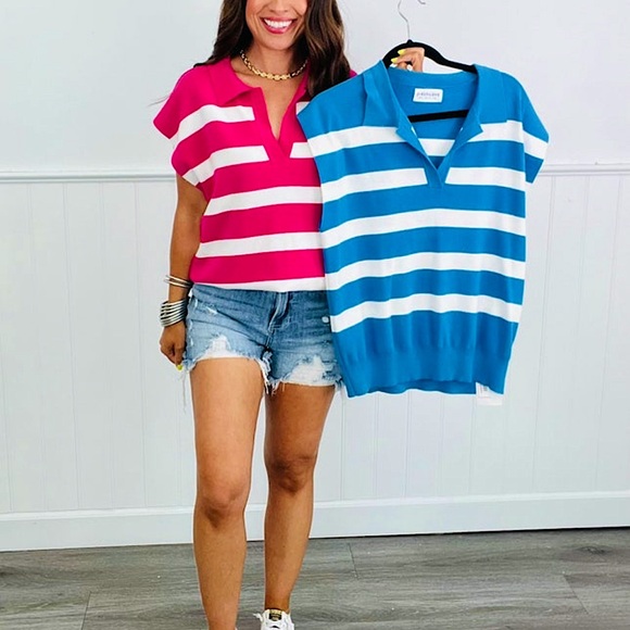 ☃️BOGO50%☃️ 🆕🩷FIRST LOVE: FUCHSIA Stripped V Neck Vest Top SMALL - Picture 3 of 3